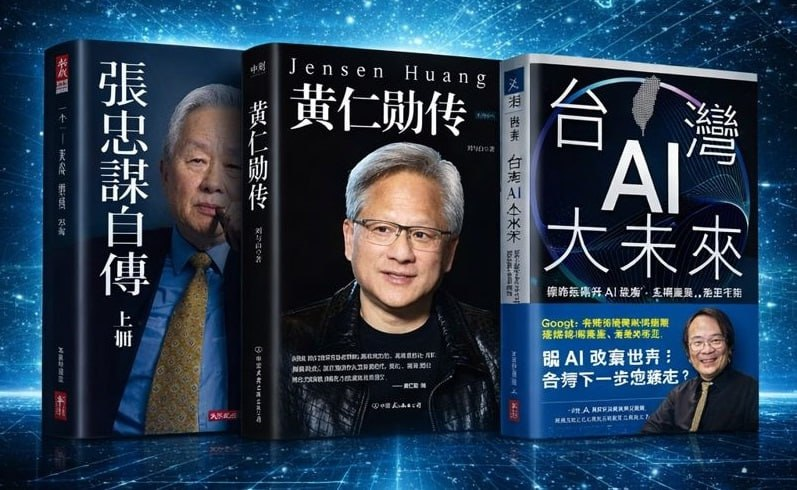 張忠謀自傳全集、黃仁勳傳與台灣AI大未來三本書籍展示
